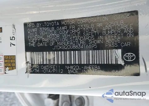 2008 Toyota Prius z USA, uszkodzony, nr VIN JTDKB20U883416695